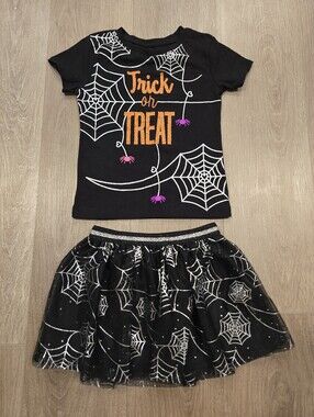 Way to Celebrate‎ Girls Halloween Shirt Tulle Skirt Set NWOT XS 4/5 Spiderweb